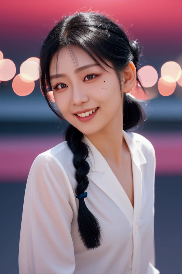 black hair, longeyelashes, light smile, fang, braided ponytail, mole under eye, eye reflection, Surrealism, drop shadow, anaglyph, stereogram, tachi-e, pov, atmospheric perspective, bokeh, f/1.2, 85mm, 8k, super detail, best quality