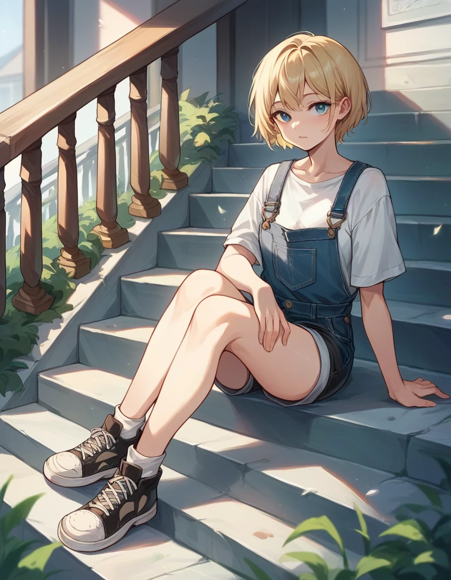 A woman with an angelic face and short hair ((natural blonde)) blue eyes is sitting on a staircase of a building in a casual manner, wearing a white shirt with overalls and short black shorts,