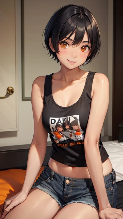 Highest quality、Realistic、、zoom、Orange eyes、short black hair、Tank top、Bikini Shorts、thin、Dark Skin、Inappropriate smile、Bedroom、Bust Shot、