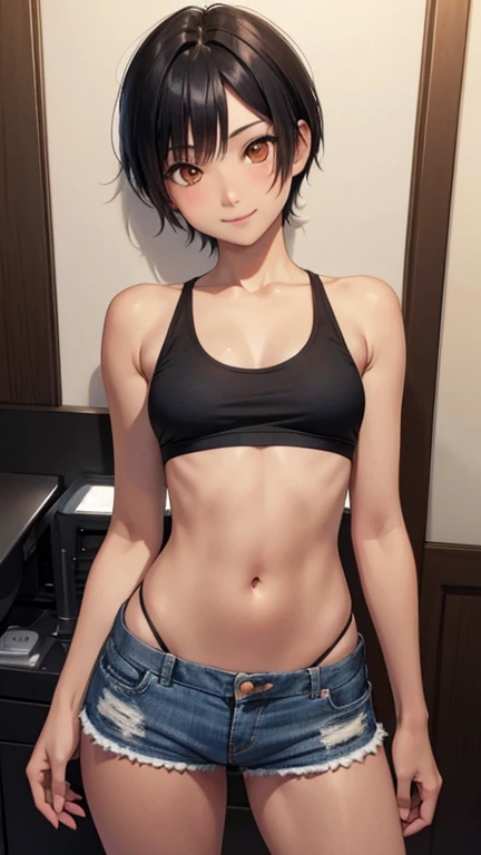 Highest quality、Realistic、、zoom、Orange eyes、short black hair、Tank top、Bikini Shorts、thin、Dark Skin、Inappropriate smile、Bedroom、Bust Shot、