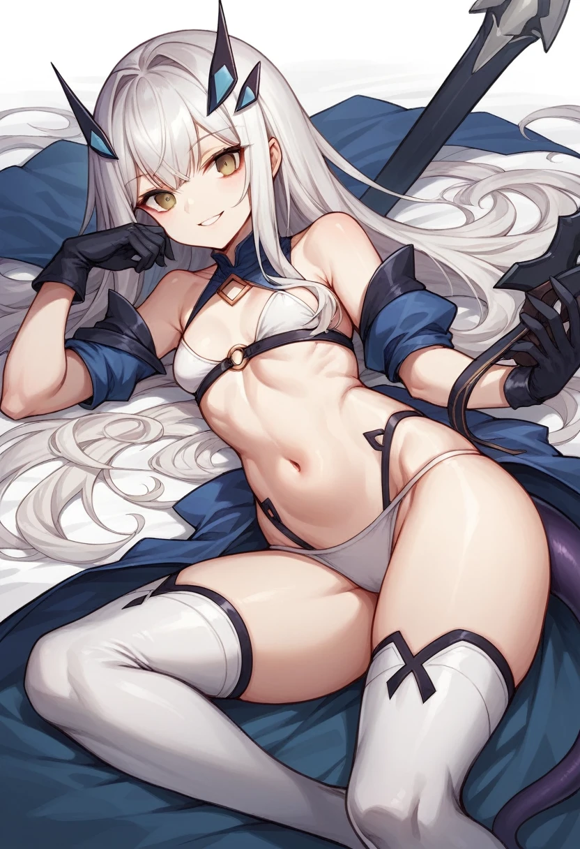 fairy knight lancelot (fate), 1girl, solo, long hair, breasts, looking at viewer, bangs, underwear, tail, white hair, mask, top-down bottom-up, flexible, body markings, arm rest, jack-o' challenge, hands on ground