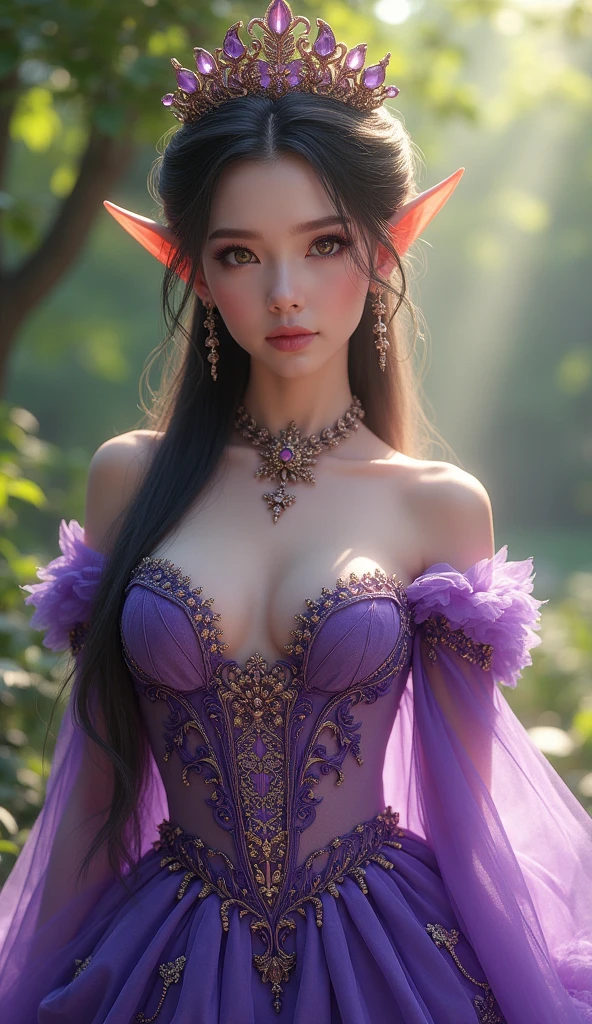 8k, masterpiece, a close up of a woman in a purple dress, a beautiful fantasy empress, beautiful fantasy maiden, fantasy art style, trending on cgstation, beautiful and elegant elf queen, beautiful maiden, shining skin, intricate ornate anime cgi style, ((a beautiful fantasy purple empress)), beautiful alluring Realistic woman, shining skin, in the park, sun shining, Realistic shadow, front body,