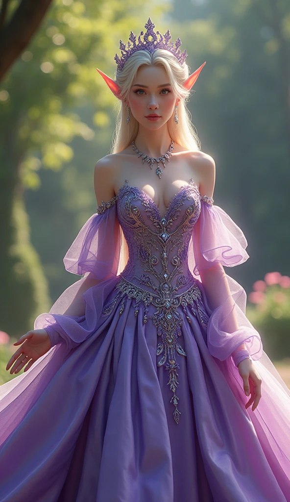 8k, masterpiece, a close up of a woman in a purple dress, a beautiful fantasy empress, beautiful fantasy maiden, fantasy art style, trending on cgstation, beautiful and elegant elf queen, beautiful maiden, shining skin, intricate ornate anime cgi style, ((a beautiful fantasy purple empress)), beautiful alluring Realistic woman, shining skin, in the park, sun shining, Realistic shadow, front body,