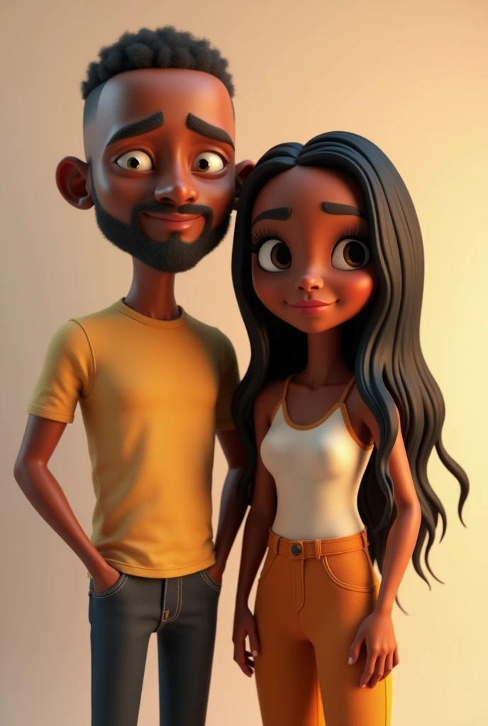 3D Pixar image of a light-skinned man, stark, shaven hair, shaved beard, long nose; lado a lado com uma mulher negra e stark de cabelo liso comprido