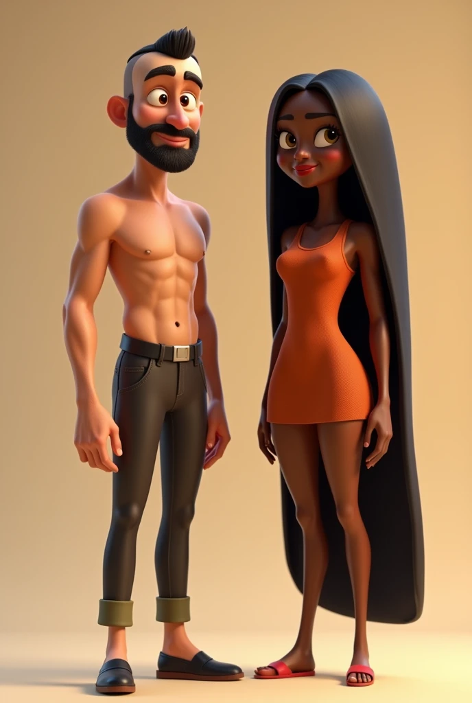 3D Pixar image of a light-skinned man, stark, shaven hair, shaved beard, long nose; lado a lado com uma mulher negra e stark de cabelo liso comprido
