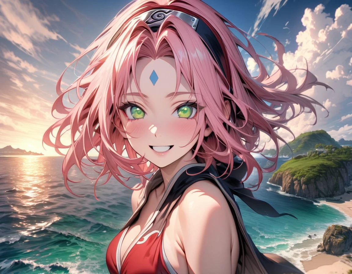 absurdres, highres, ultra detailed, HDR, master piece, best quality, extremely detailed, Haruno Sakura, pink hair, expressive green eyes, Naruto Shippuden, solo, woman, beautiful, smile, red bikini, island, sea, beach