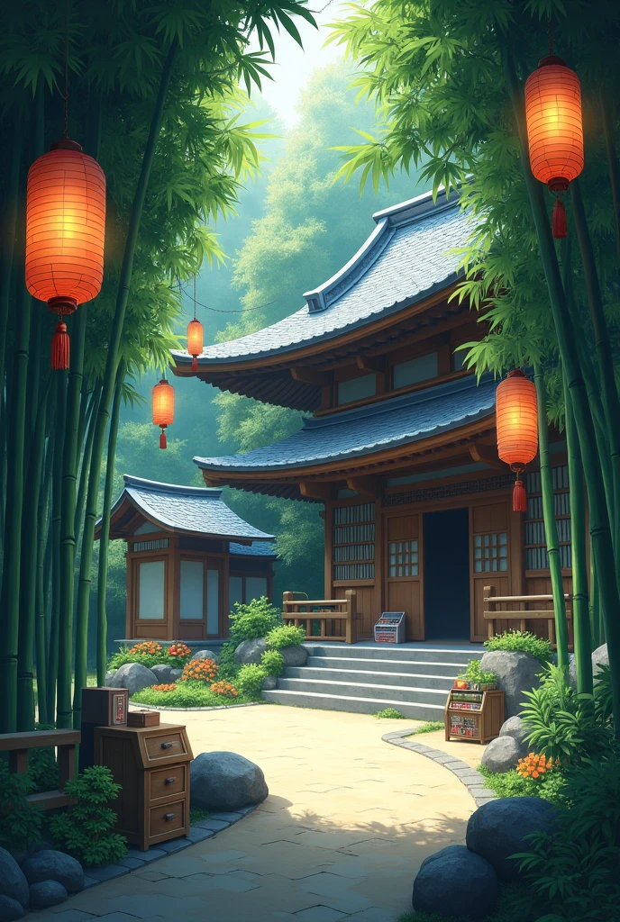 Create a background inside a Japanese temple with Japanese lanterns  ,Bamboo grove ,Carrots,libraries and food 