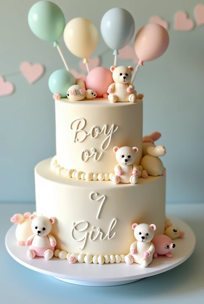 Two-tiered baby shower cake with details (balloons, bears) in white fondant and a vintage writing with the name: or boy?