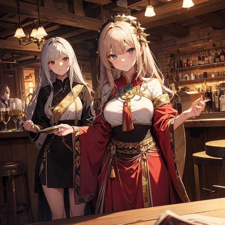 A group of priestess, (in tavern), various hair styles, harem, night, details face, seducing, ceremonial outfit, multiple girls