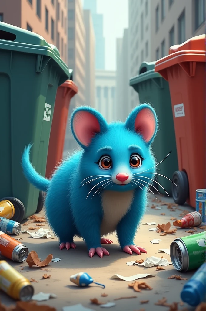 A blue opossum surrounded by garbage, at a university with recycling bins in the background