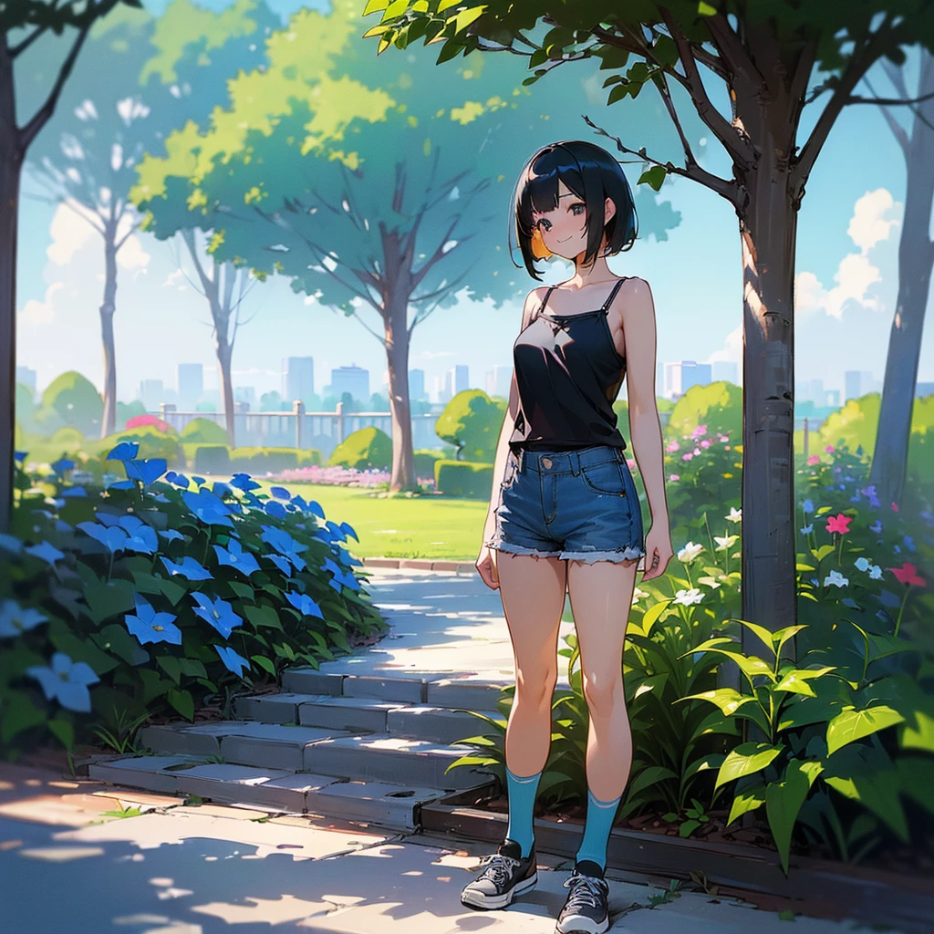 (high quality, High resolution, Very detailed, reality:1.37), Peaceful atmosphere, (Outdoor, garden), Teenage girl standing alone, (my breasts are big.), Beautiful details, Cute Smile, (Black bob hair), camisole, denim shorts, Blue socks, sneakers.