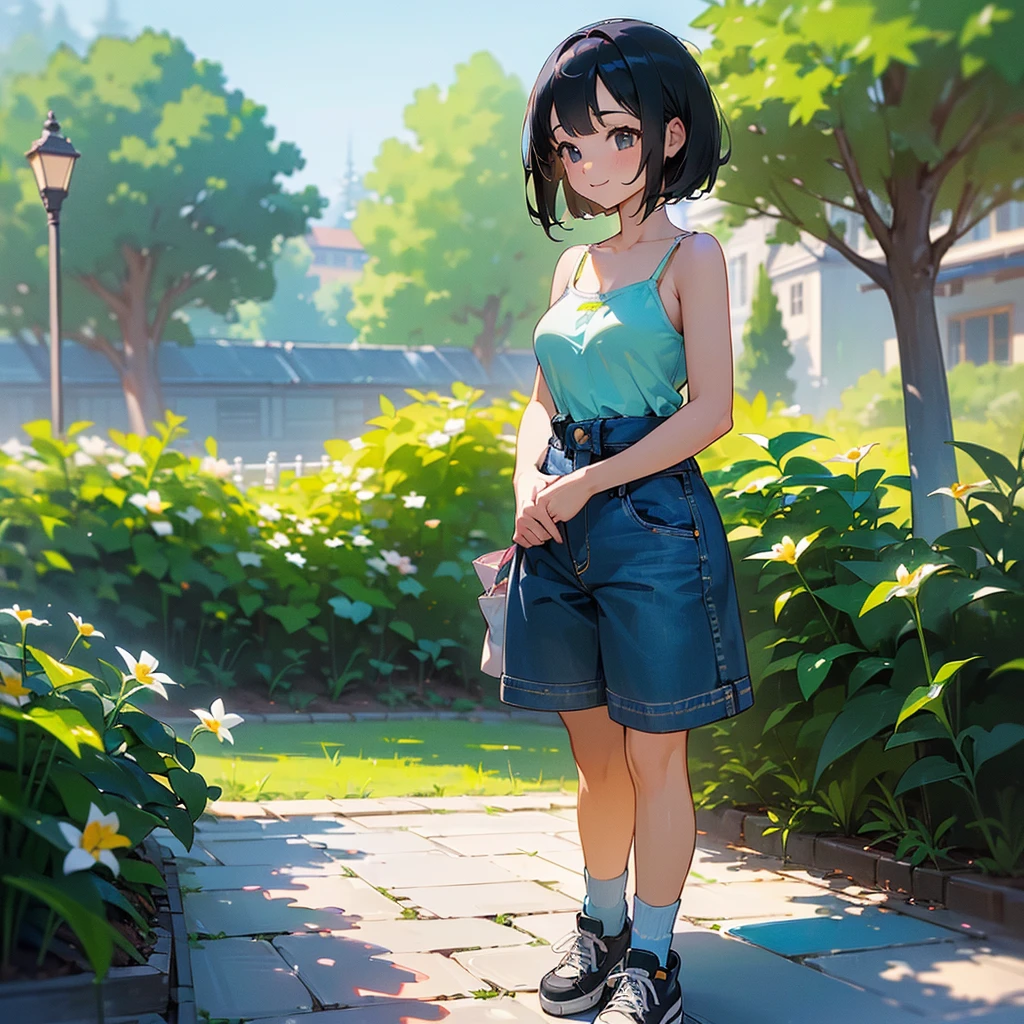(high quality, High resolution, Very detailed, reality:1.37), Peaceful atmosphere, (Outdoor, garden), age girl standing alone, (my breasts are big.), Beautiful details, Cute Smile, (Black bob hair), camisole, denim shorts, Blue socks, sneakers.