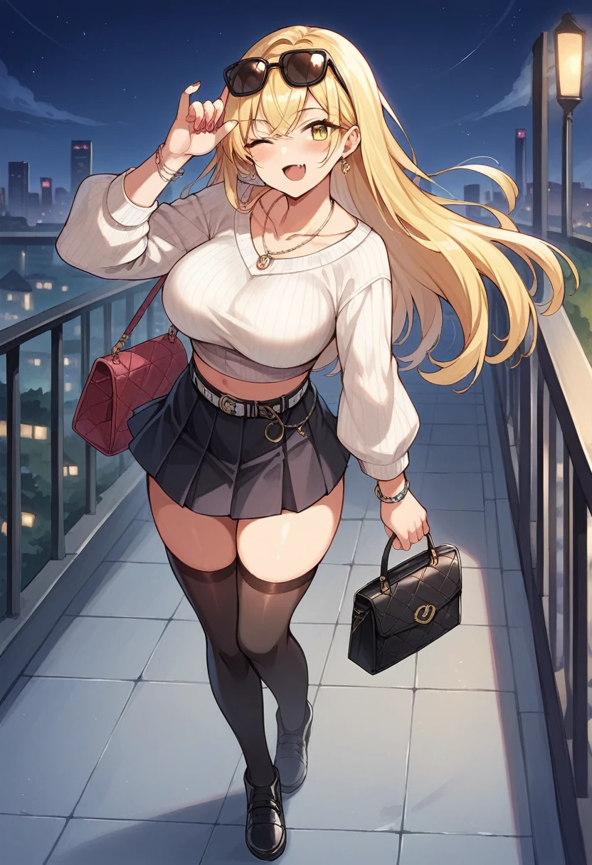 1girl, solo, long hair, breasts, looking at viewer, blush, smile, open mouth, bangs, skirt, blonde hair, large breasts, thighhighs, long sleeves, holding, jewelry, collarbone, full body, yellow eyes, thighs, pleated skirt, earrings, outdoors, one eye closed, sky, shoes, fang, midriff, belt, black thighhighs, black skirt, necklace, bag, nail polish, black footwear, bracelet, sweater, zettai ryouiki, crop top, night, sunglasses, ;d, eyewear on head, handbag, white sweater, cityscape