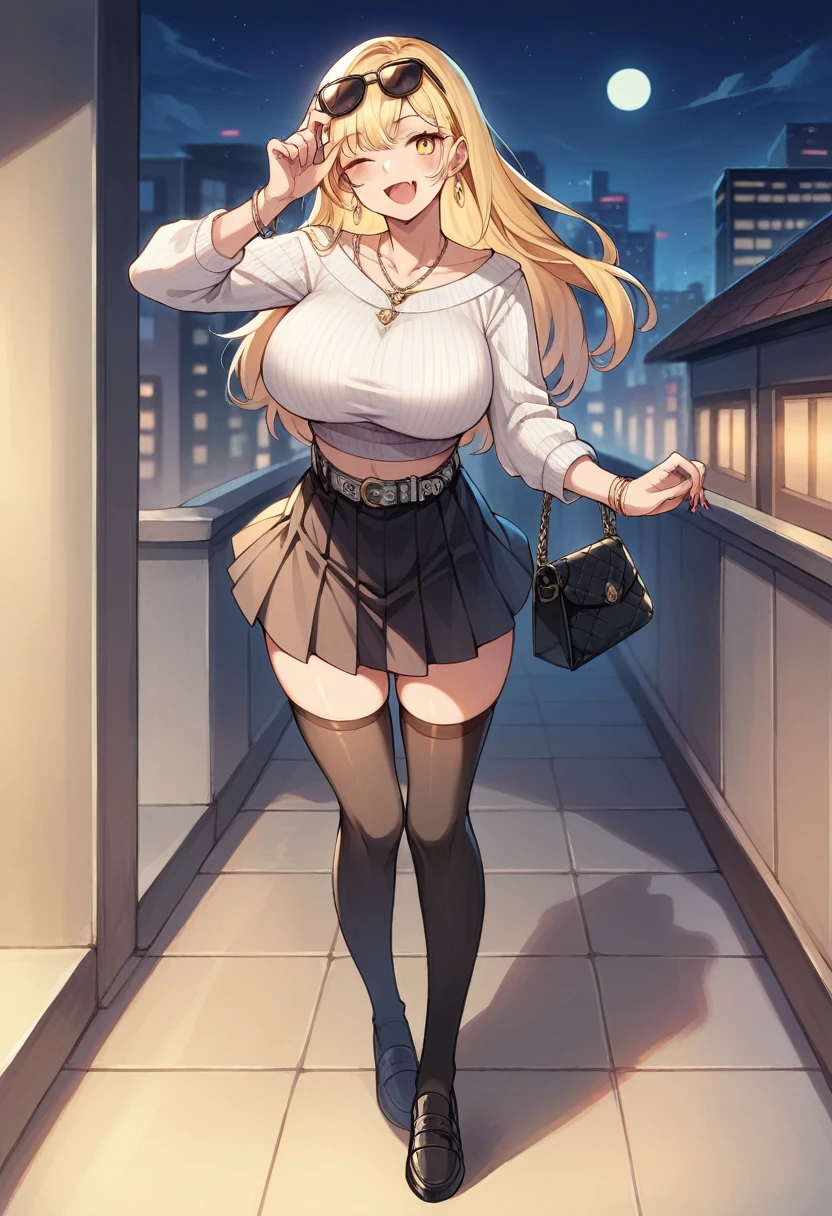 1girl, solo, long hair, breasts, looking at viewer, blush, smile, open mouth, bangs, skirt, blonde hair, large breasts, thighhighs, long sleeves, holding, jewelry, collarbone, full body, yellow eyes, thighs, pleated skirt, earrings, outdoors, one eye closed, sky, shoes, fang, midriff, belt, black thighhighs, black skirt, necklace, bag, nail polish, black footwear, bracelet, sweater, zettai ryouiki, crop top, night, sunglasses, ;d, eyewear on head, handbag, white sweater, cityscape