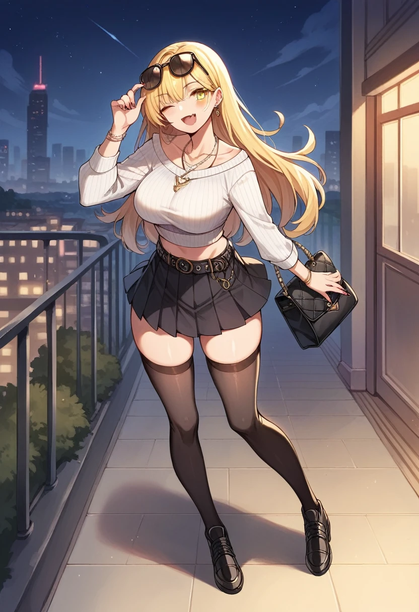 1girl, solo, long hair, breasts, looking at viewer, blush, smile, open mouth, bangs, skirt, blonde hair, large breasts, thighhighs, long sleeves, holding, jewelry, collarbone, full body, yellow eyes, thighs, pleated skirt, earrings, outdoors, one eye closed, sky, shoes, fang, midriff, belt, black thighhighs, black skirt, necklace, bag, nail polish, black footwear, bracelet, sweater, zettai ryouiki, crop top, night, sunglasses, ;d, eyewear on head, handbag, white sweater, cityscape