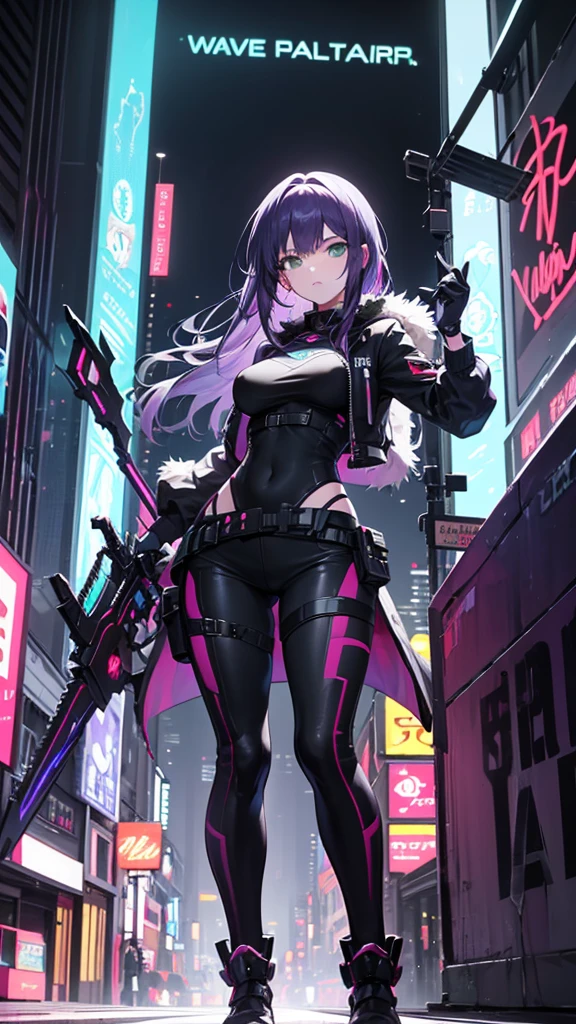 an anime, of a sensual girl with purple hair, green eyes, dressed as a cyberpunk mercenary, urban style, she wields a sword in one hand and a pistol in the other, in the background a futuristic city dazzles with its neon lights.