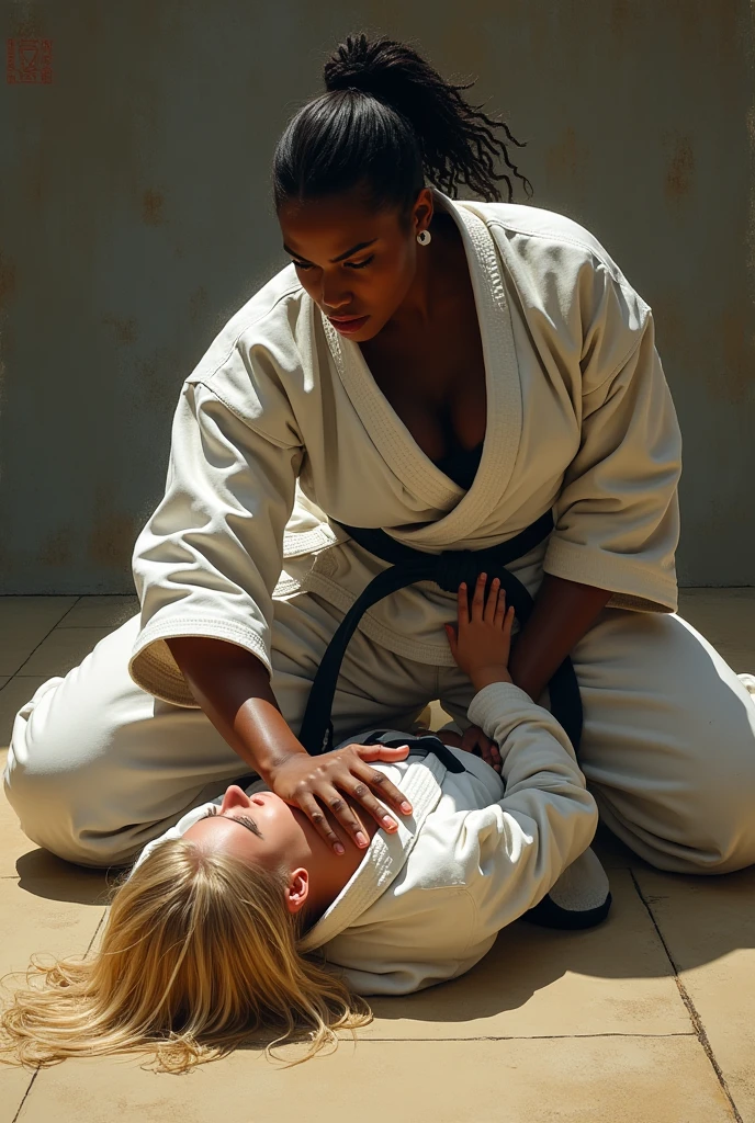 Judo Black woman trample blond woman in chest
