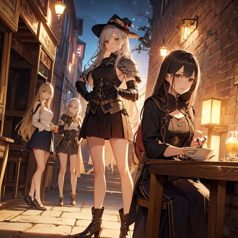 A group of female medieval fantasy adventurers, (in tavern), various hair styles, harem, night, details face, short skirt, seducing, sleeveless, armor, multiple girls, witch, priestess