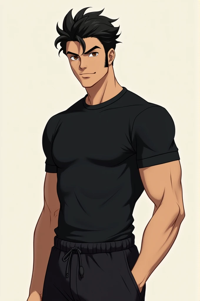 Anime character: fit guy with athletic slim physique, 20 years old, wears a black t shirt and black long sport pants, has curvy black hair, long sideburns, thick eyebrows, brown eyes