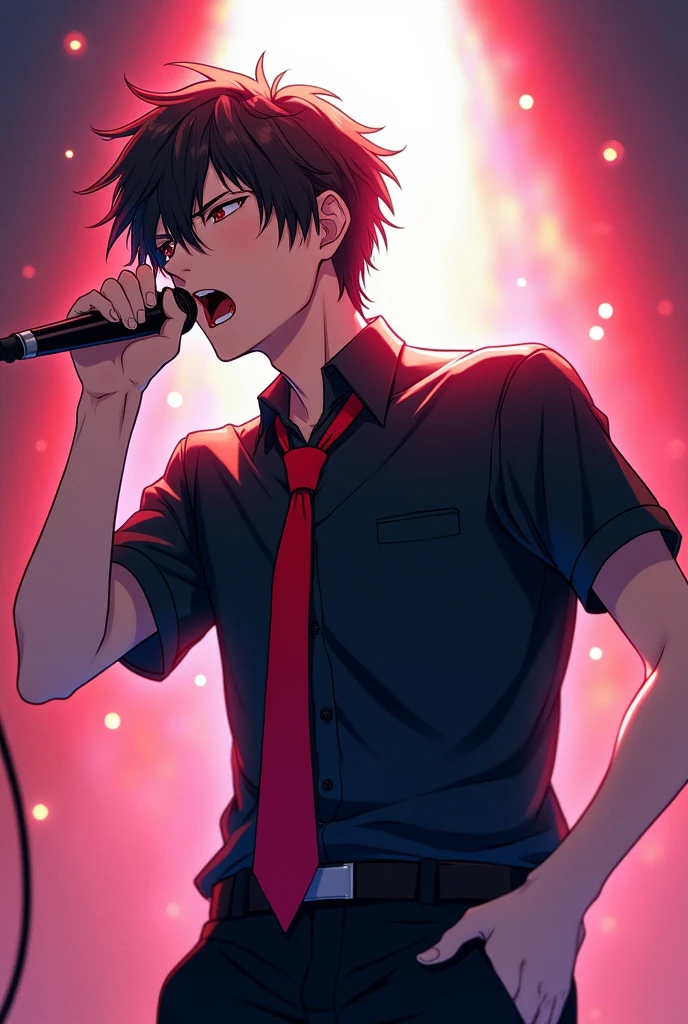 The atmosphere is reminiscent of Japanese shojo manga.、A diagonal view of a man holding a microphone and singing passionately.、He is wearing a black short-sleeved shirt and a red tie