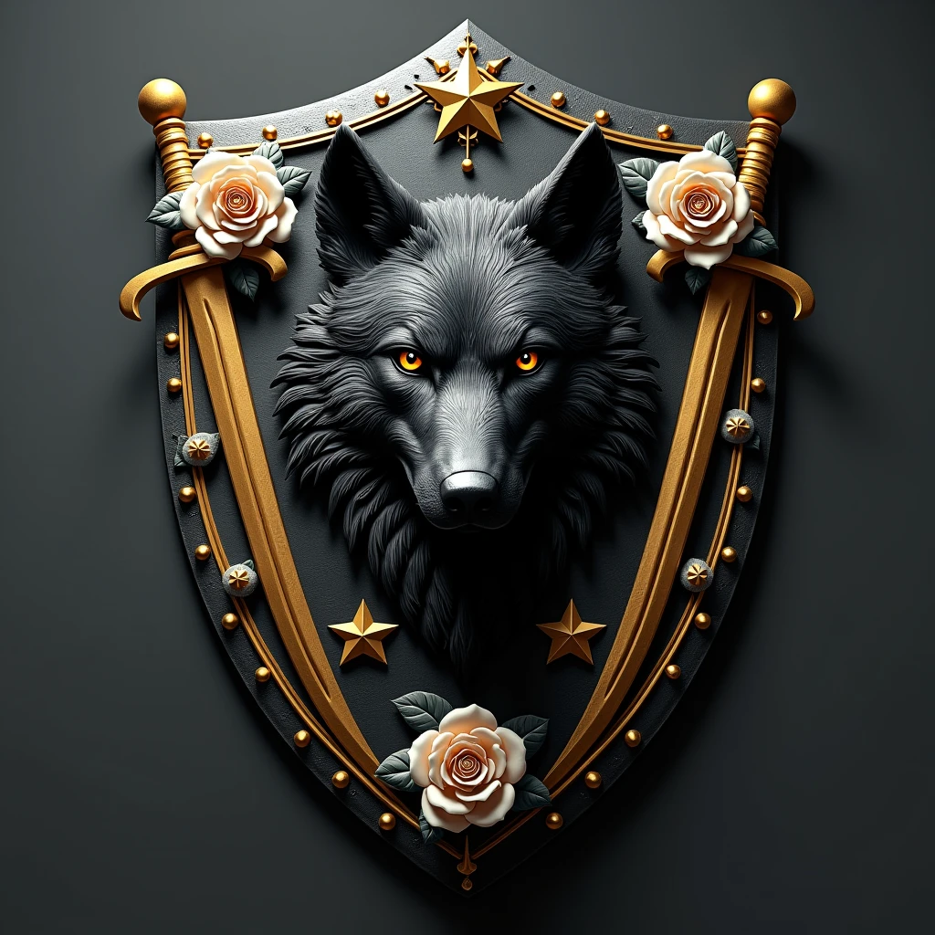Black shield with a wolf's head, also put 4 stars and highlight them, placing under the wolf's head. Also place gold and white swords and roses around the frame.
