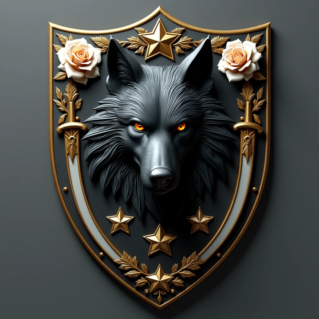 Black shield with a wolf's head, also put 4 stars and highlight them, placing under the wolf's head. Also place gold and white swords and roses around the frame.