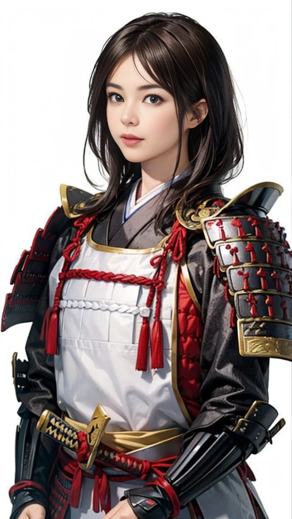 Beautiful woman with dark hair:1.3, Amazing character art, ((samurai armor:1.3 )),((Pure white background)), (8k, RAW photo, best quality), Handsome Face 2. 5D CGI Fantasy Artwork, Detailed digital art, Very nice work of art, Fan Art Best Art Station,(A female general gives orders to her soldiers:1.3),Muscular,(samurai:1.2),dynamic,(Nervous),samurai:1.2,Japan