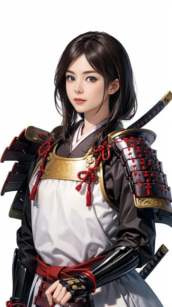 Beautiful woman with dark hair:1.3, Amazing character art, ((samurai armor:1.3 )),((Pure white background)), (8k, RAW photo, best quality), Handsome Face 2. 5D CGI Fantasy Artwork, Detailed digital art, Very nice work of art, Fan Art Best Art Station,(A female general gives orders to her soldiers:1.3),Muscular,(samurai:1.2),dynamic,(Nervous),samurai:1.2,Japan