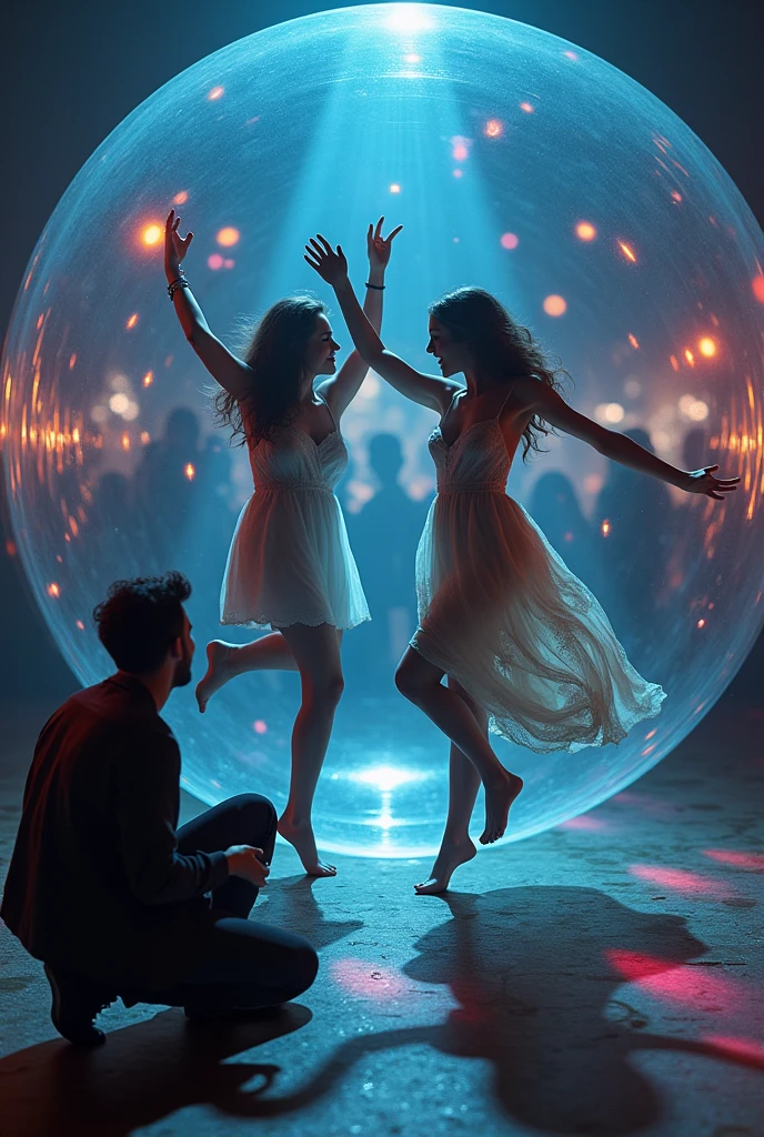 Girlfriends inside a bubble dancing with disco lights and outside a very sad man kneeling