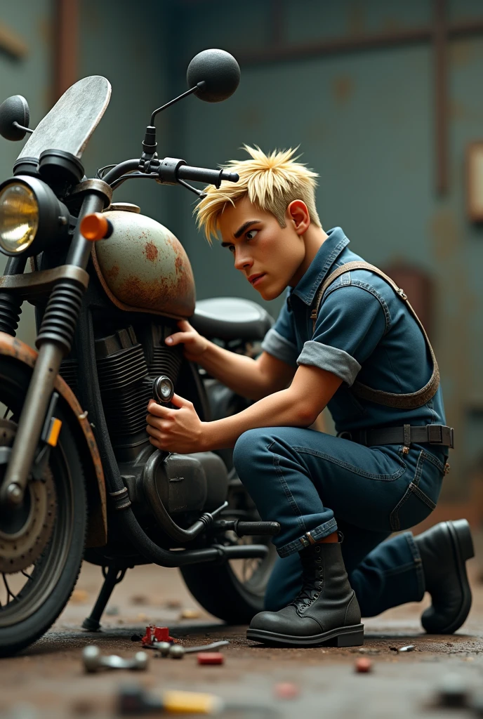 Create a 3D adult mascot fixing a beat-up motorcycle , I want a male character with short blonde hair, wearing a dark blue uniform without any logos or details, and black boots. Full HD image please. ,