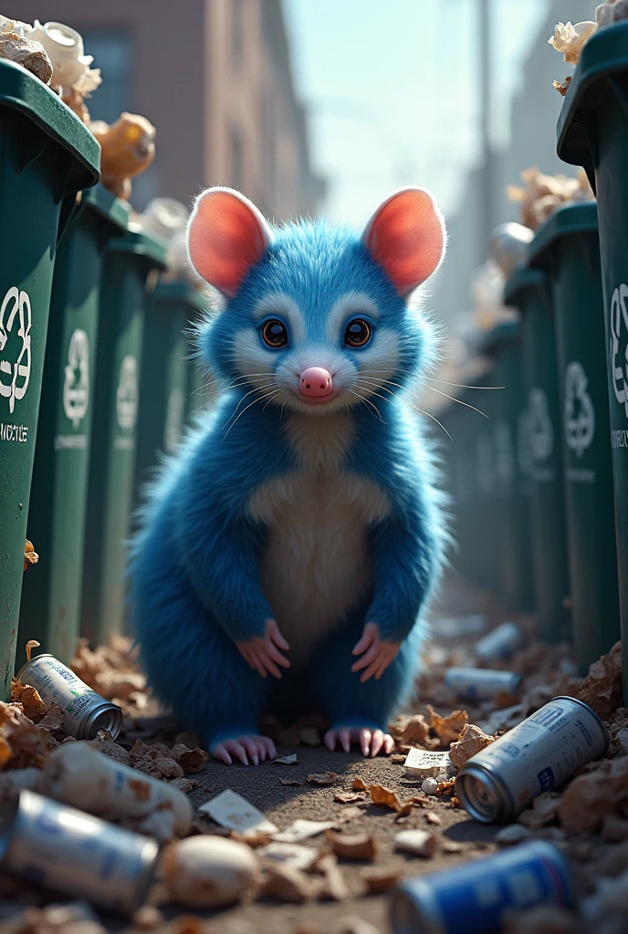 A realistic blue opossum surrounded by garbage, at a university with recycling bins in the background