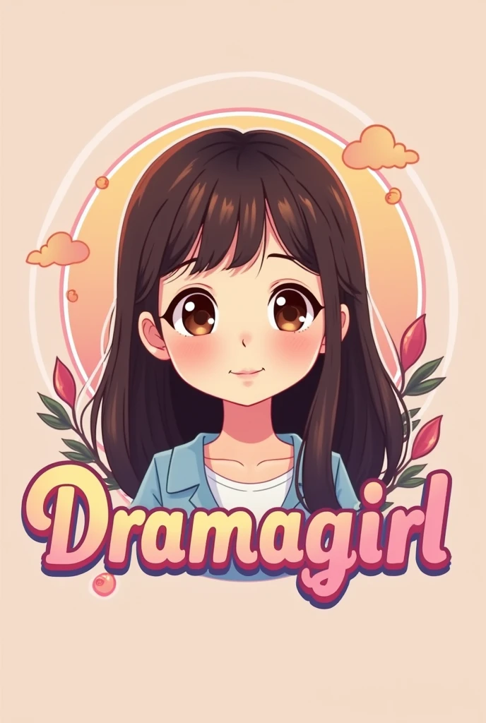 Animated logo in pastel colors that says "Dramagirl". With Asian brown-eyed girl, big cheeks, pink undertones, long dark brown hair and no bangs.