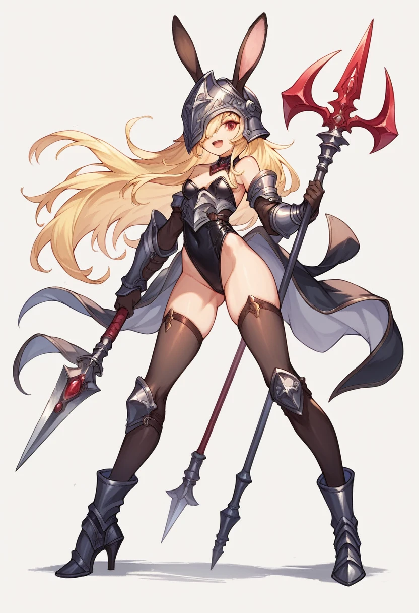1girl, solo, long hair, breasts, looking at viewer, smile, open mouth, bangs, blonde hair, red eyes, thighhighs, white background, holding, animal ears, bare shoulders, full body, weapon, small breasts, boots, holding weapon, armor, rabbit ears, hair over one eye, high heels, leotard, highleg, helmet, polearm, black leotard, highleg leotard, holding polearm