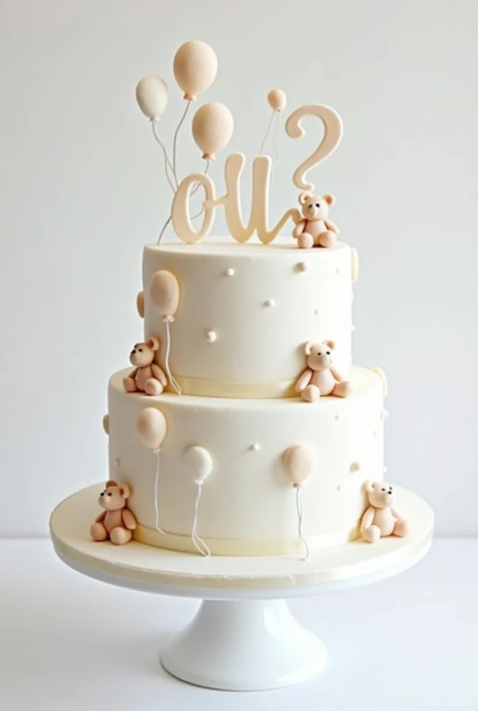 Two-tiered baby shower cake with details (balloons, bears) in white fondant and a vintage writing with the name: ou ?
All WHITE, no other colors, ONLY WHITE