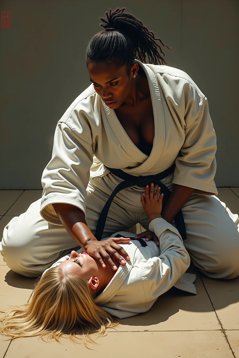 Judo Black woman trample blond woman in chest