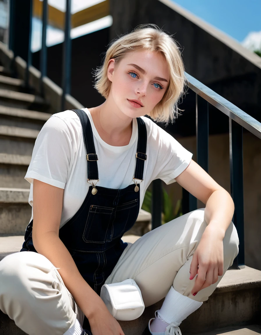 A woman with an angelic face and short hair ((natural blonde)) blue eyes is sitting on a staircase of a building in a casual manner, wearing a white shirt with overalls and short black shorts,