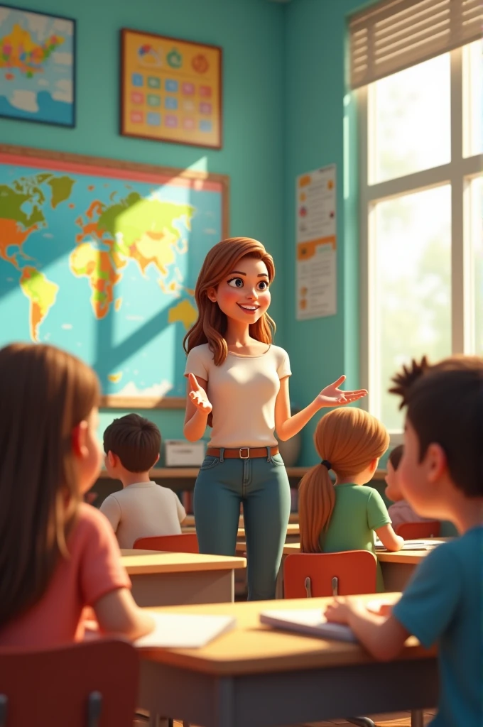 Create a classroom where a teacher is giving her lesson.