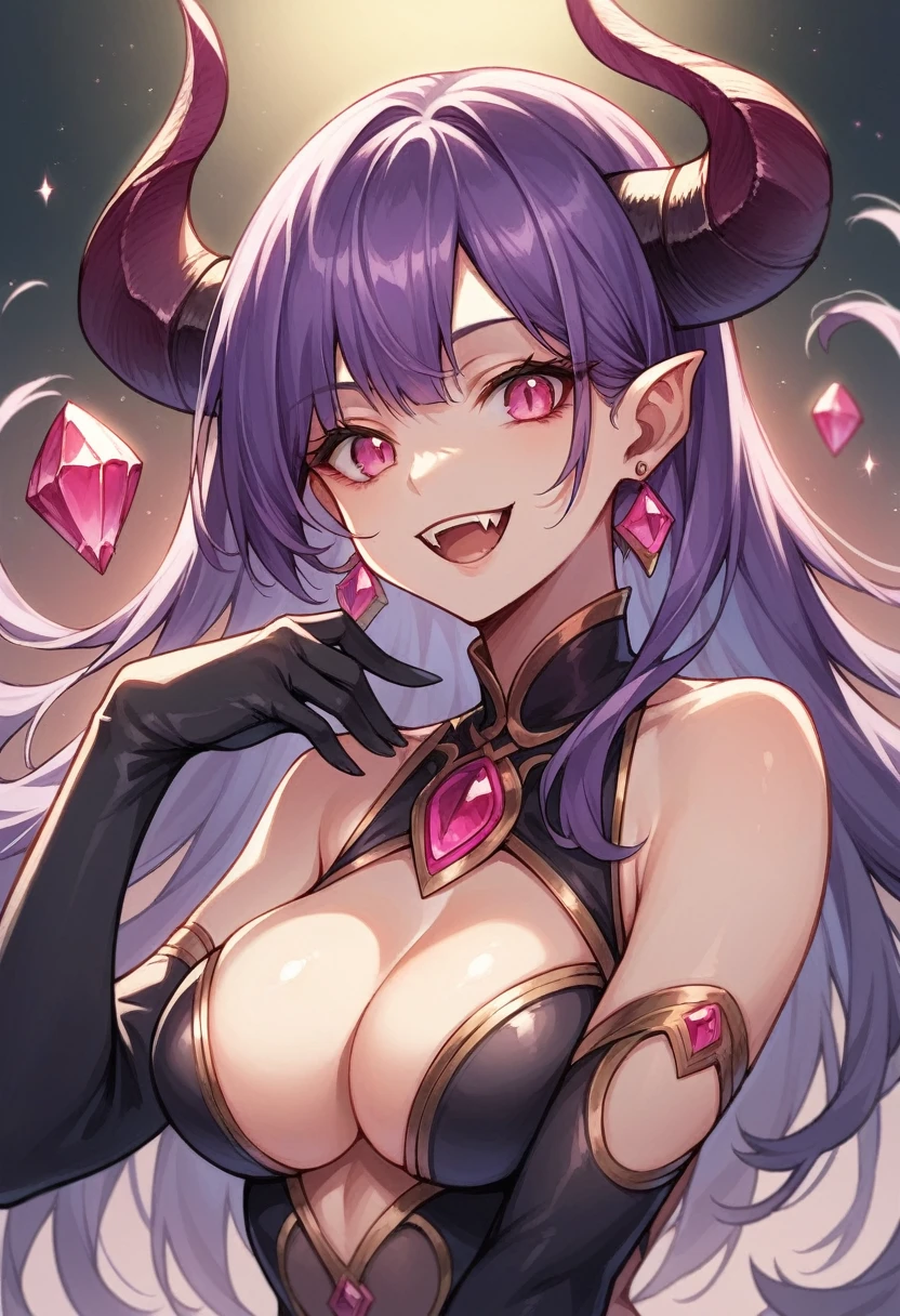 1girl, solo, long hair, breasts, looking at viewer, smile, open mouth, bangs, gloves, cleavage, bare shoulders, jewelry, medium breasts, upper body, purple hair, :d, earrings, horns, teeth, black gloves, elbow gloves, pink eyes, fangs, demon girl, demon horns, gem, revealing clothes