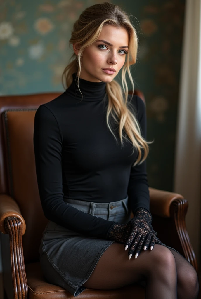 blond hair color、hair pulled back、ponytail、cute face、 she wears a turtleneck and a skirt.、black pantyhose、sitting on a chair、crossed legs、Wearing black lace gloves、wearing boots、adult german woman、full body portrait、indoor.、