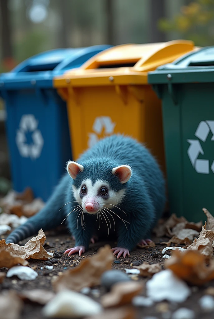 A realistic blue opossum surrounded by garbage, at a university with 3 recycling bins 