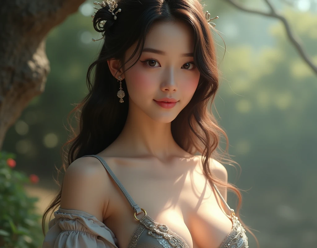 masutepiece, (Best Quality:1.4), Realistic, chinese girl, white skin, seductive smile, extremely detailed CG unified 8k wallpaper, ighly detailed, High-definition raw color photos, professional photograpy, Realistic portrait, Cinematic Light, Beautiful detailed, 1girl in, (Naked:1.5), Beautiful shaggy breasts, breasts details, (cleavage of the breast:1.2), (Fine face:1.2), Close up portrait of girl in beautiful clothes with wide open front, Bare shoulders, (Beautiful clothes with wide open chest:1.4), grey metalic shinny bra, , (bulky cameltoe details), Outdoors, high intricate detailed, float, cum on, Sense of truth, open legs, showing thick pubic hair, pink big nipple, Beautiful Landscape Forest, castle, Sexy lighting, stare, full body, sexy legs, toe nail art 