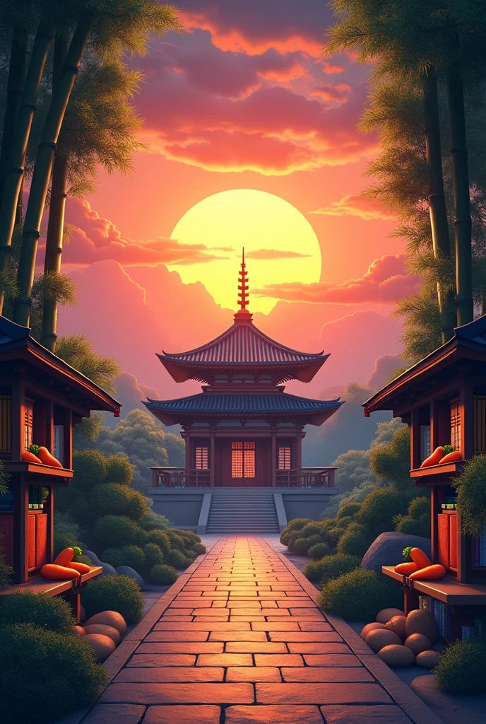 A sunset with a Japanese temple ,Carrots ,bamboo ,books ,shelves 