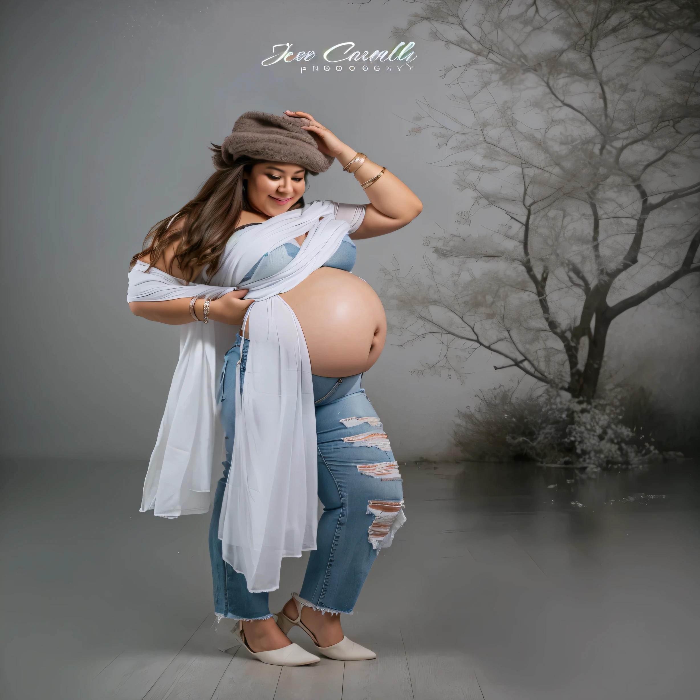 pregnant woman in a white scarf and hat posing for a picture, pregnant belly, 4k maternal photography, full body photo shoot, His belly is fat and round, Full body photography, general full body shot, full body and head shot, full body session, exposed belly, pregnant, half body shot, feeling of motherhood, the pregnancy, award-winning photo shoot, photo of a beautiful