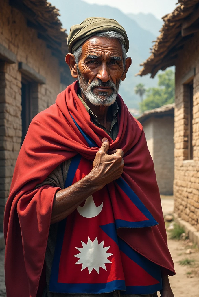A picture of village man with nepali flag