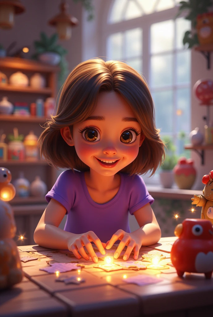 Disney-style girl, brown hair and purple shirt, attending at a store 