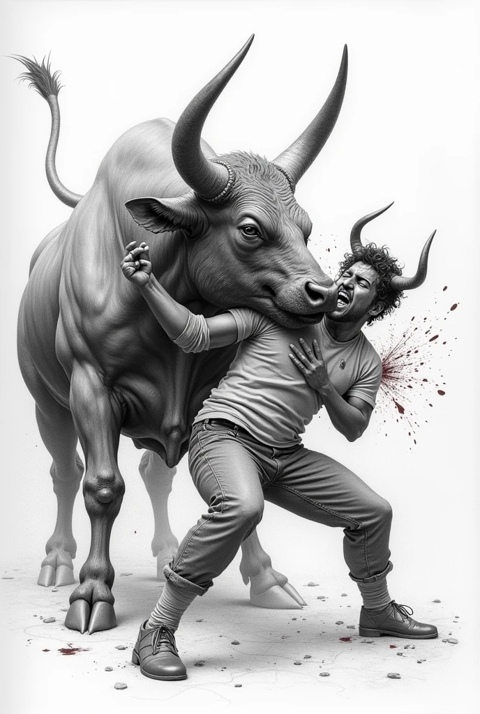 A pencil drawing of a bull ripping a man's face off, which is very bloody and not so realistic, and its horn is stuck in the man's face.