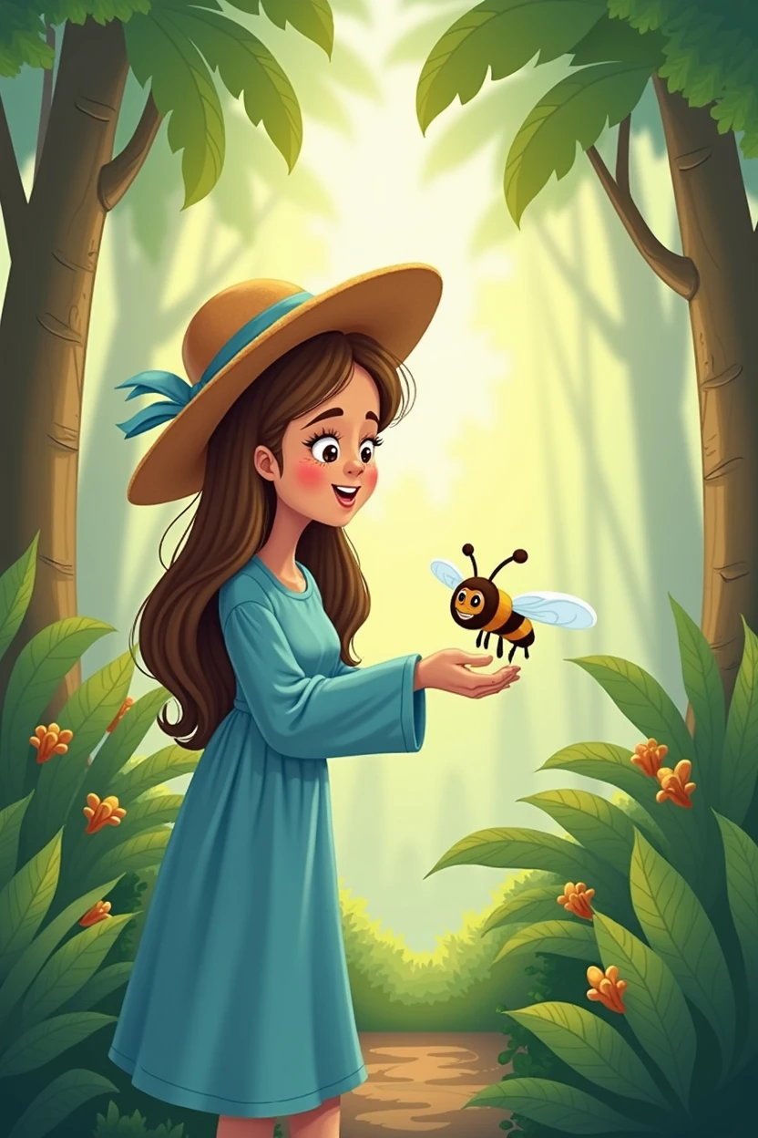 the cartoon with long brown hair, round brown hat with blue ribon and long blue dress at the middle jungle. There is a bee with broken wings besides her that need help