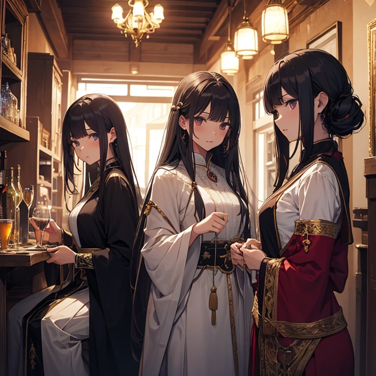 A group of priestess, (in tavern), various hair styles, harem, night, details face, seducing, ceremonial outfit, multiple girls