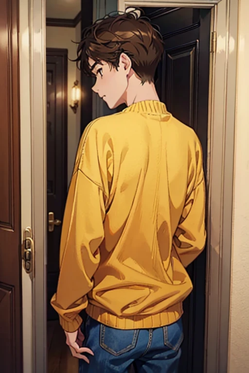 A boy, Chris, english, 13 years old, very short hair, brown hair, wearing a Yellow long-sleeved sweater, skinny blue jeans, standing in front of a door, , with his back turned, backview, close-up shot from behind, photographed from behind, facing away from camera, back pose, best quality,