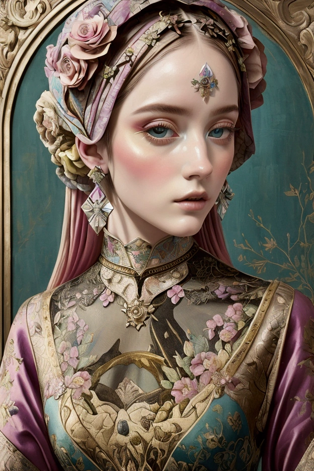 Glitched Renaissance": A print that blends Renaissance art with digital glitch effects. Classic figures and floral motifs are broken down into pixels and distorted lines, giving a high fashion and technology fusion look. The colors are a mix of pastel tones with accents of bright chrome.